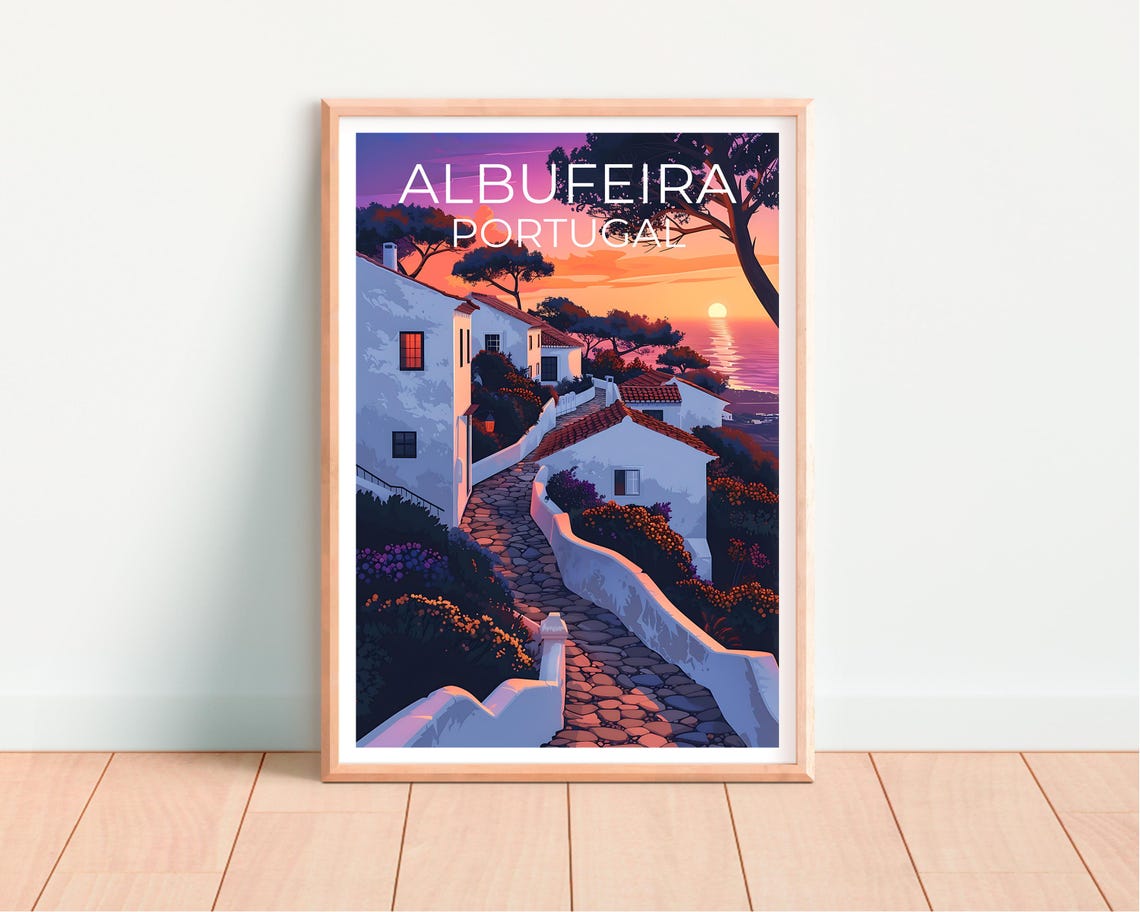 Albufeira Portugal Sunset Whitewashed Old Town Coastline Poster - Image 2