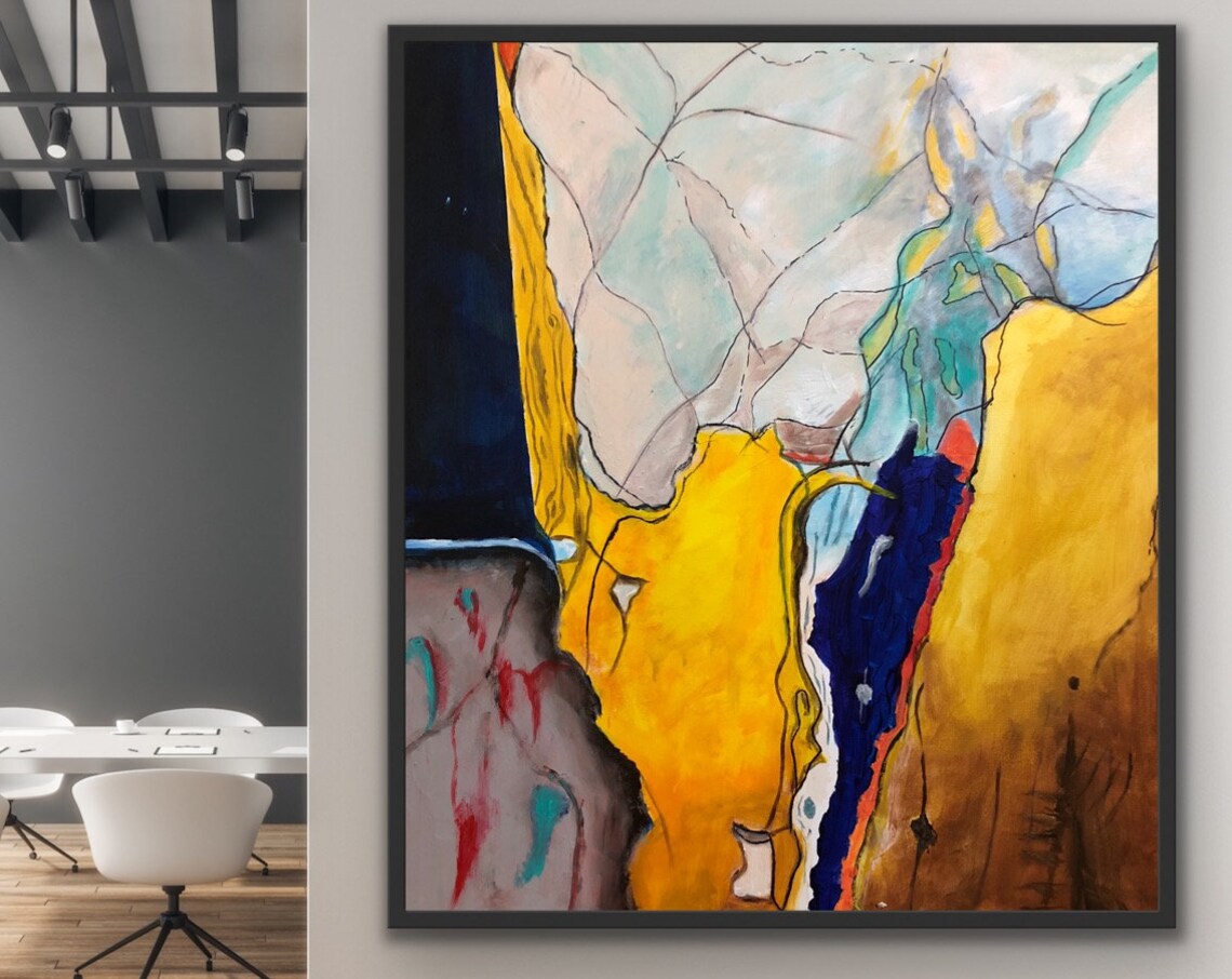 Bold Gold and Navy Fissured Abstract Painting Modern Art Poster