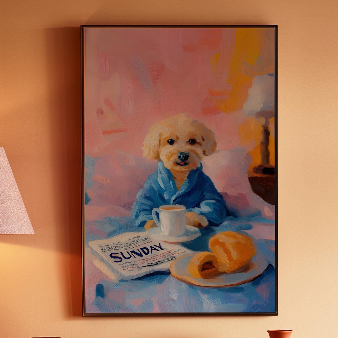 Small Dog in a Blue Robe with Sunday Newspaper and Coffee Poster