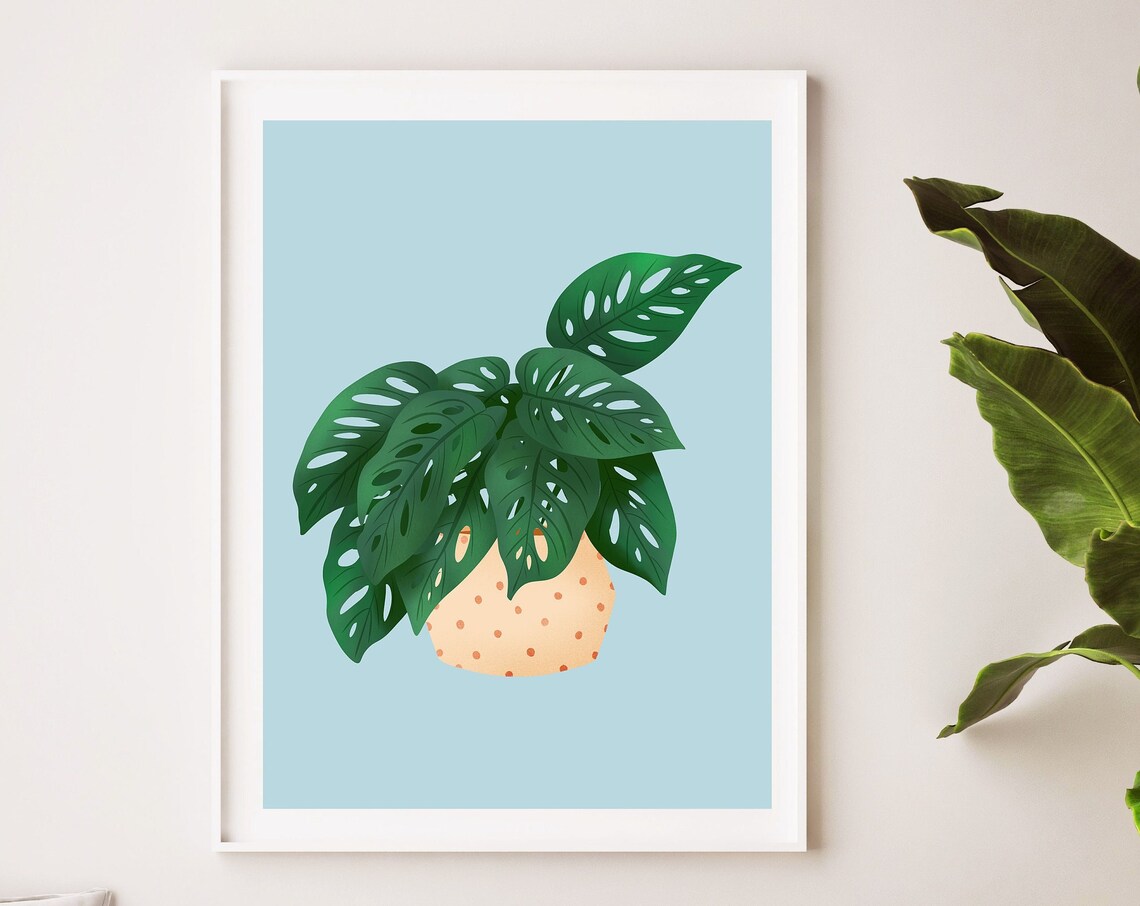 Monstera Adansonii Print Peach Dotted Pot Light Blue Background