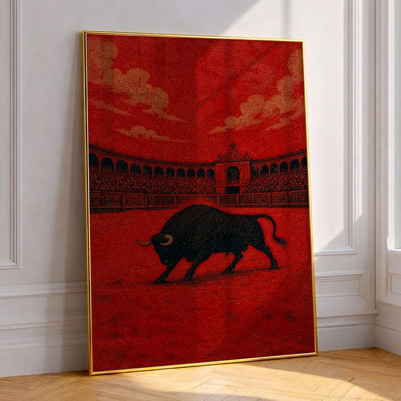 Spanish Bull Wall Art Black Poster In Vintage Arena Red Bullring Illustration Culture Decor Gift For Bullfighting Lovers