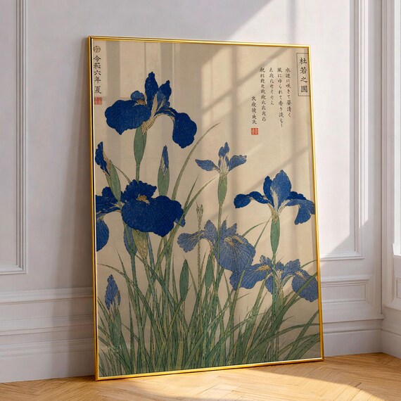 Vintage Japanese Iris Flower Print Botanical Wall Art Blue Floral Poster Japandi Home Decor Zen Garden Asian Minimalist Nature Gift