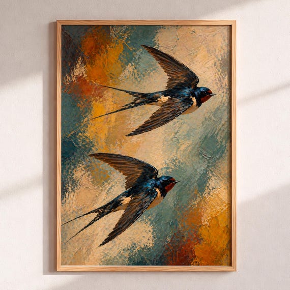 Barn Swallow Painting Vintage Bird Wall Art Living Room Decor Two Swallows Print Earthy Blue Gold Lover Gift