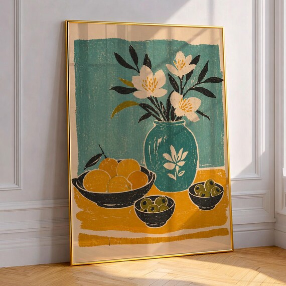Botanical Linocut White Flowers Teal Vase Mid Century Wall Art