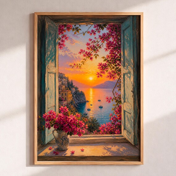 Mediterranean Coastal Sunset Open Window Bougainvillea Wall Art