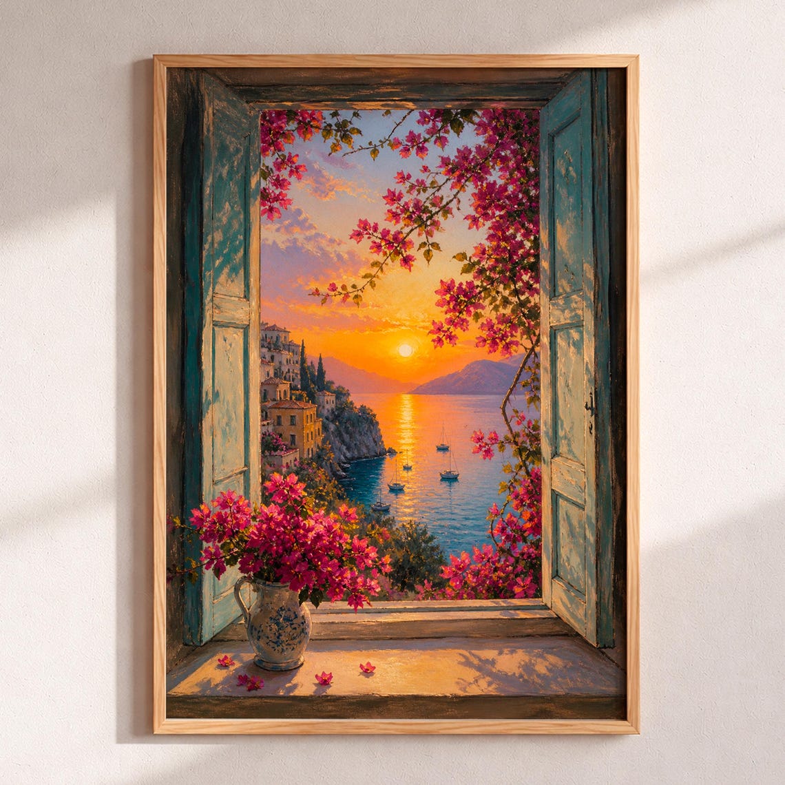 Mediterranean Coastal Sunset Open Window Bougainvillea Wall Art