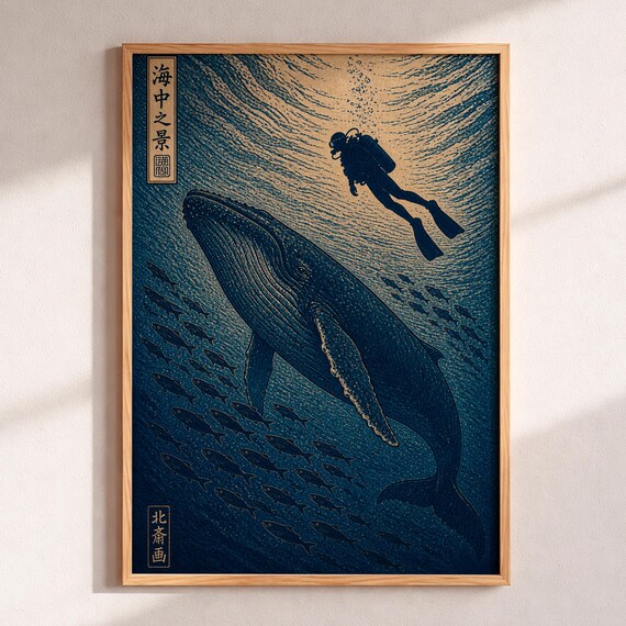 Humpback Whale Art Print Japanese Ukiyoe Ocean Poster Nautical Scuba Diver Wall Decor Minimalist Marine Life Gift Woodblock Zen