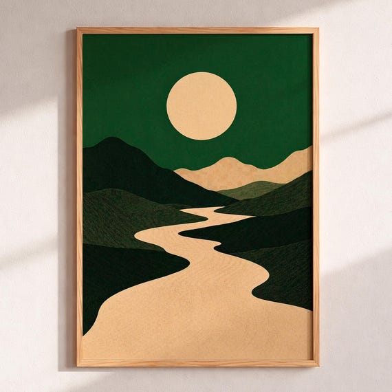 Abstract Sunset Wall Art Boho Mountain Lake Poster Minimalist Coastal Landscape Print Modern Mid Century Decor Serene Nature Home Gift