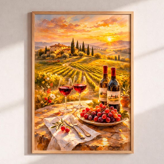 Tuscany Vineyard Sunset Wall Poster Italian Landscape Print Wine Grapes Still Life Painting Rustic Farmhouse Decor Italy Travel Gift