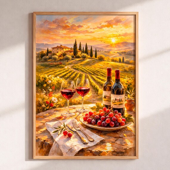 Tuscany Vineyard Sunset With Wine Glasses And Grapes Oil Poster