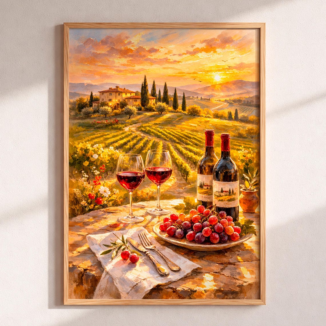 Tuscany Vineyard Sunset With Wine Glasses And Grapes Oil Poster