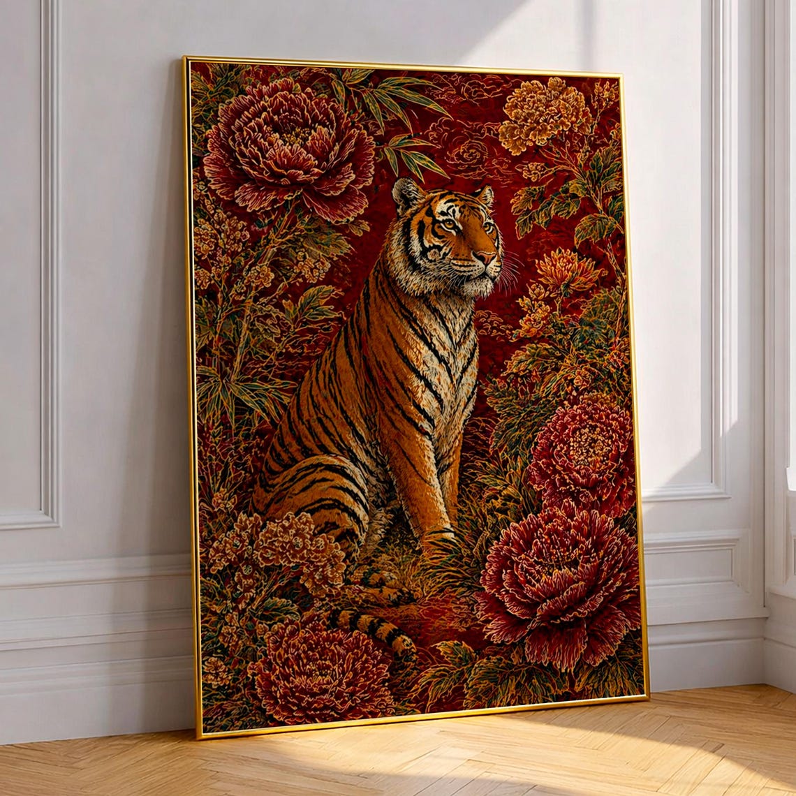 Chinoiserie Tiger Among Red Peony Blossoms Botanical Wall Art