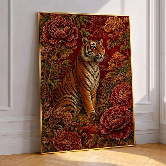 Vintage Tiger Poster Chinoiserie Wall Art Botanical Flower Print Oriental Animal Decor Antique Style Jungle Illustration Gift