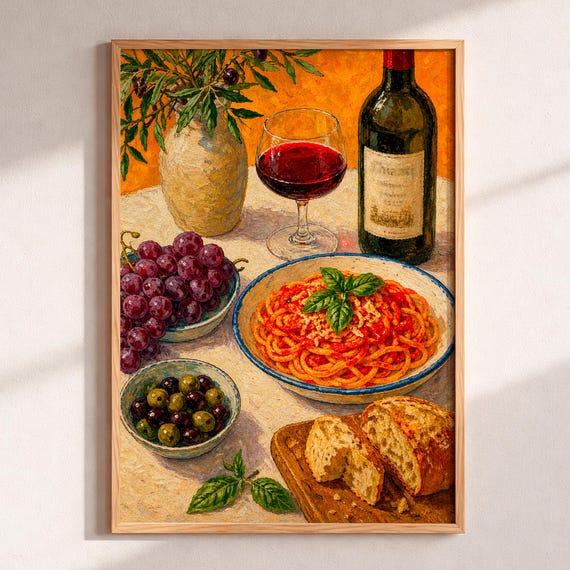 Italian Pasta And Wine Art Print Impressionist Still Life Oil Painting Kitchen Wall Decor Dining Room Mediterranean Foodie Gift