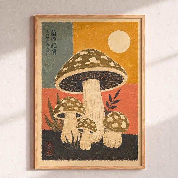 Japanese Mushroom Poster Vintage Woodblock Art Kitchen Wall Decor Botanical Fungi Print Earth Tone Lover Gift