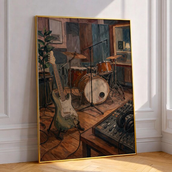 Retro Recording Studio Oil Painting Electric Guitar Drums Wall Art