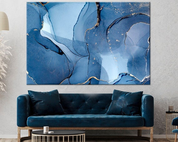 Blue Navy Print Abstract Wall Art Blue Marble Print Modern Marble Fluid Art Design Extra Large Office Wall Art