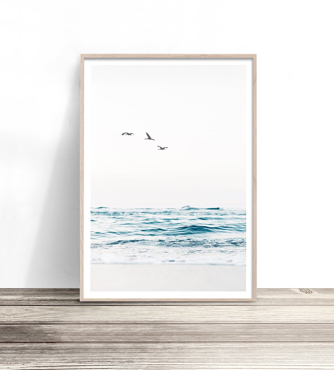 Three Birds Over Turquoise Ocean Waves Minimal Beach Wall Art Poster