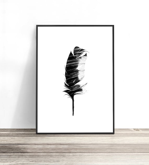 Boho Feather Art Print, Black and White Tribal Decor