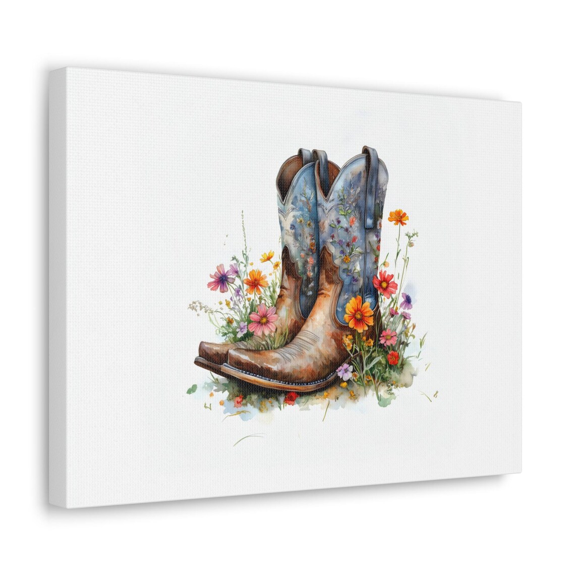 Blue Floral Cowboy Boots Wildflowers Watercolor Western Poster - Image 2