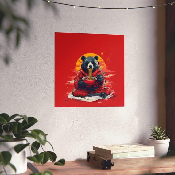 Maximalist Eclectic Ramen Bear Poster Print Bold Altered Animal Portrait Fantasy Fun Colorful Renaissance Rustic Art