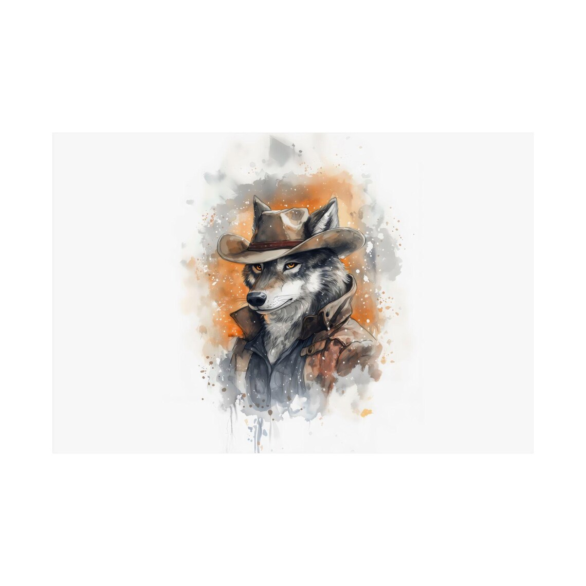 Wolf Cowboy Watercolor Portrait Brown Hat Western Wildlife Decor Poster - Image 2