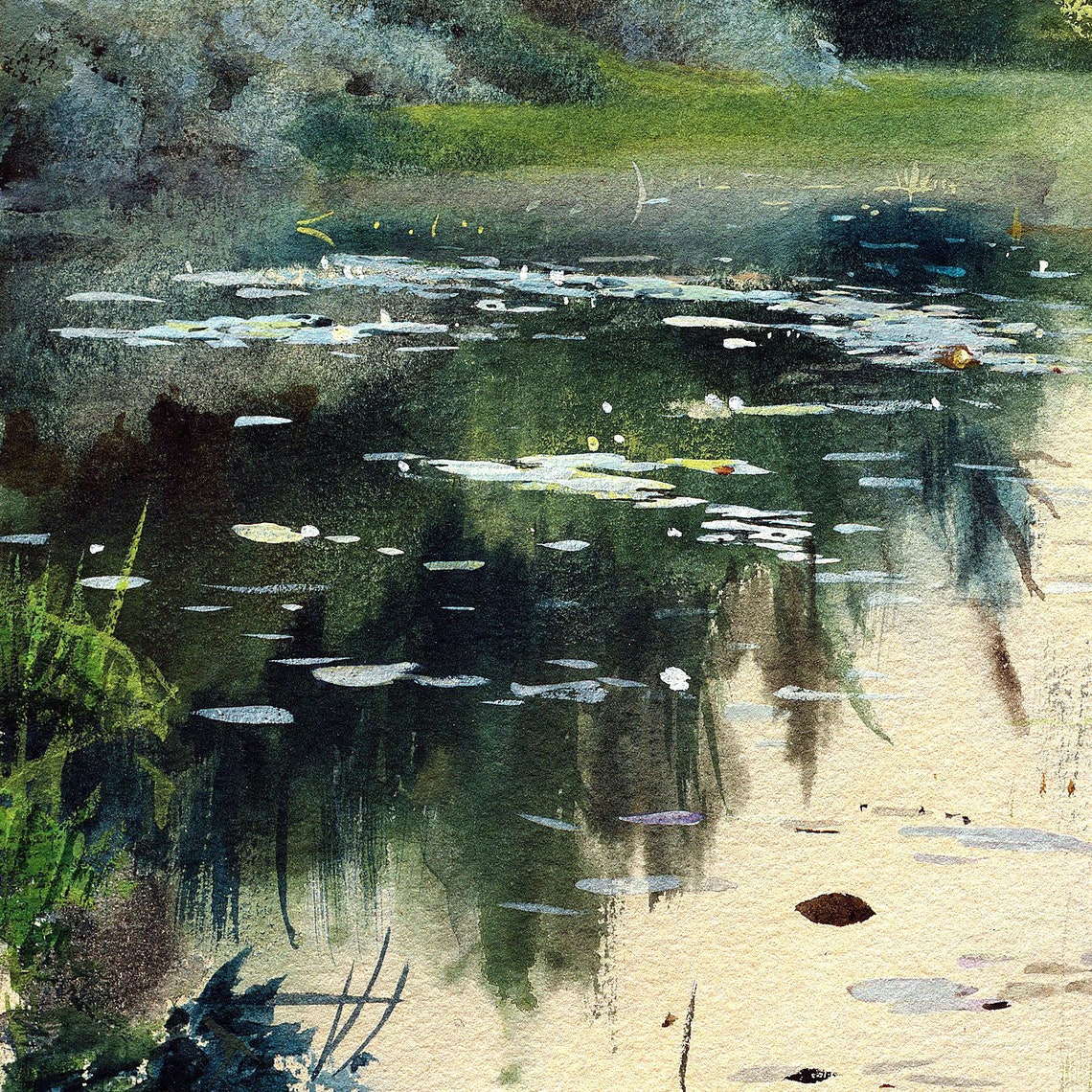 Quiet Pond Reflections Lily Pads Watercolor Nature Painting Poster - Image 2