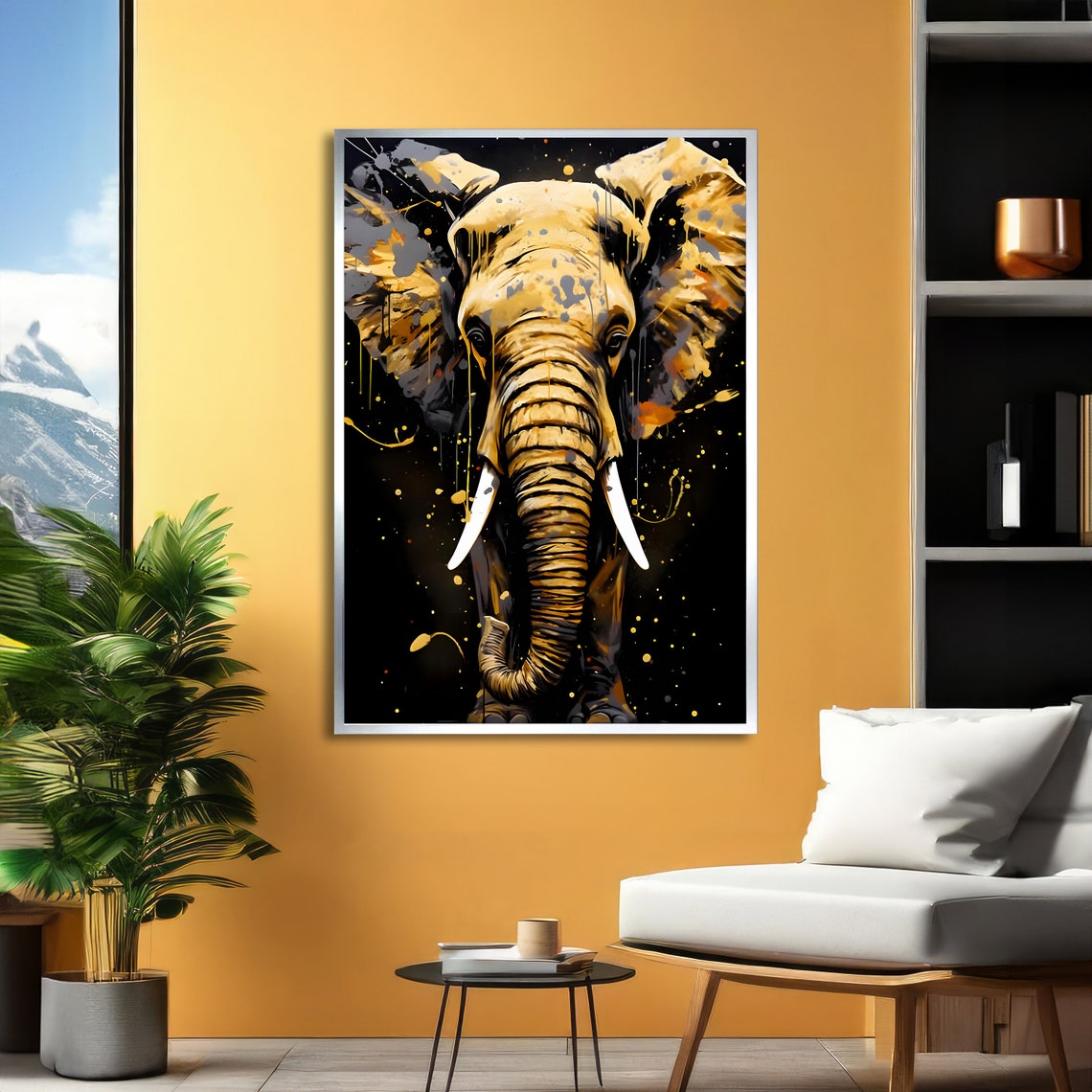 Golden Elephant Vibrant Animal Art Bold Elephant Print Wall Art Design Ready To Hang Decoration - Image 2