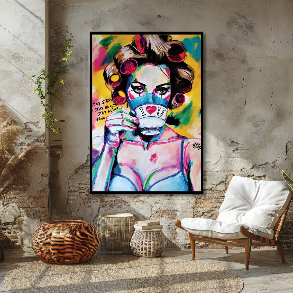 Pop Art Woman With Coffee Cup in a Colorful Quarantine Era Poster - Image 4