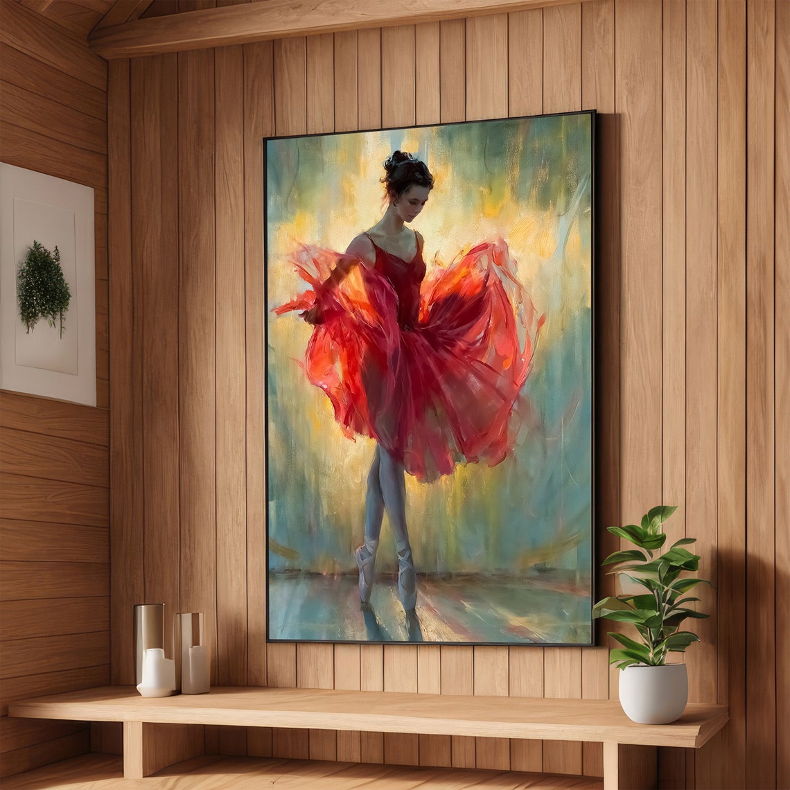 Ballerina in Red Tutu Impressionist Golden Dance Painting Poster