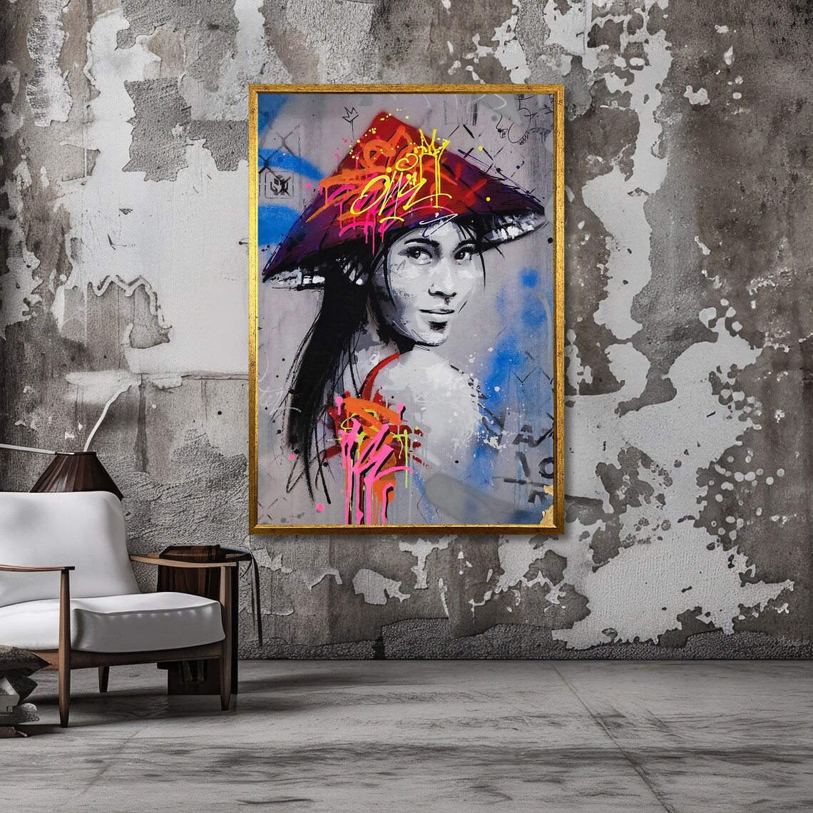 Graffiti Geisha Wearing a Colorful Hat Urban Street Art Poster - Image 3
