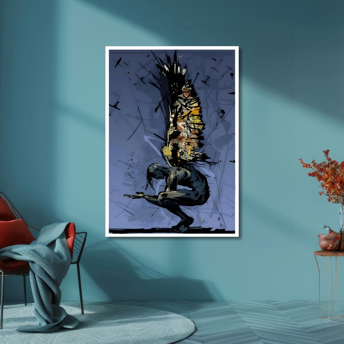 Crouching Winged Figure Graffiti Abstract Dramatic Dark Blue Poster - Image 2