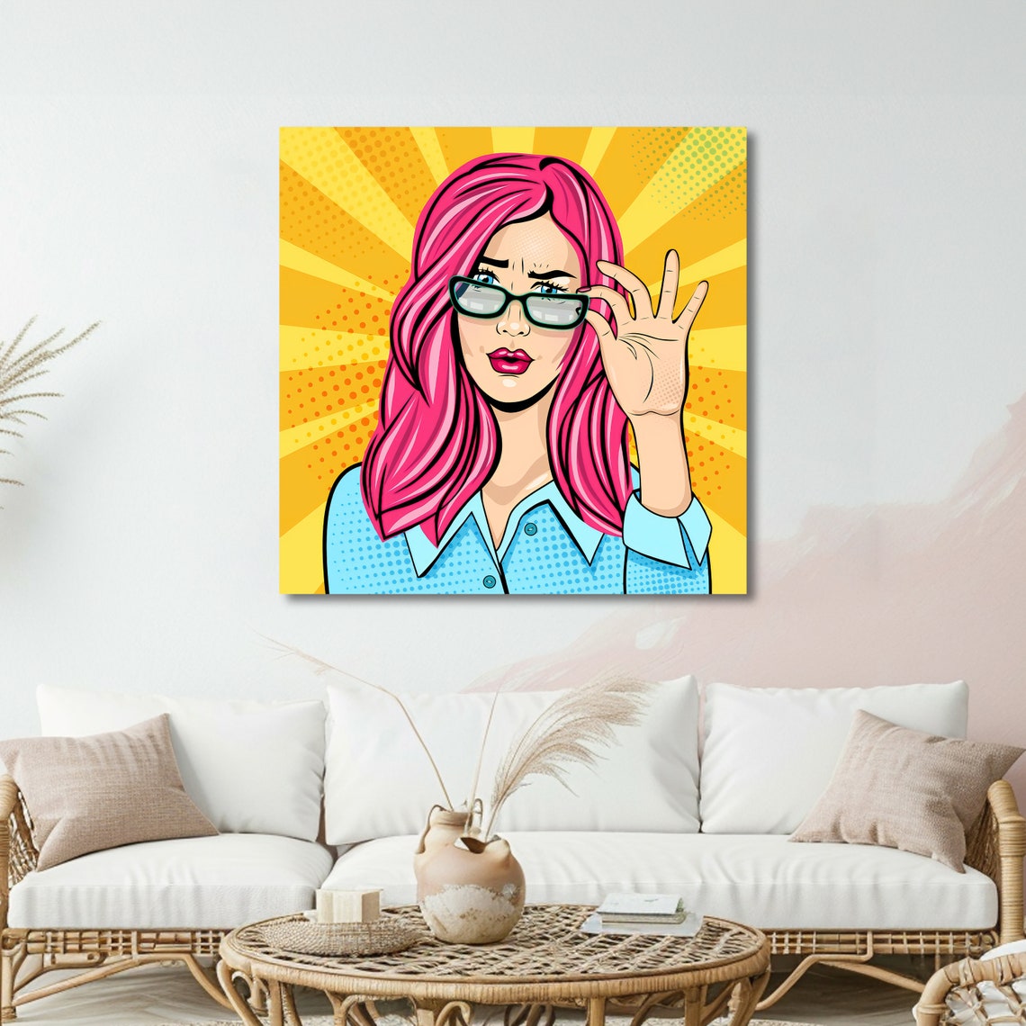 Pop Art Pink Haired Woman Glasses Yellow Sunburst Art Poster - Image 5