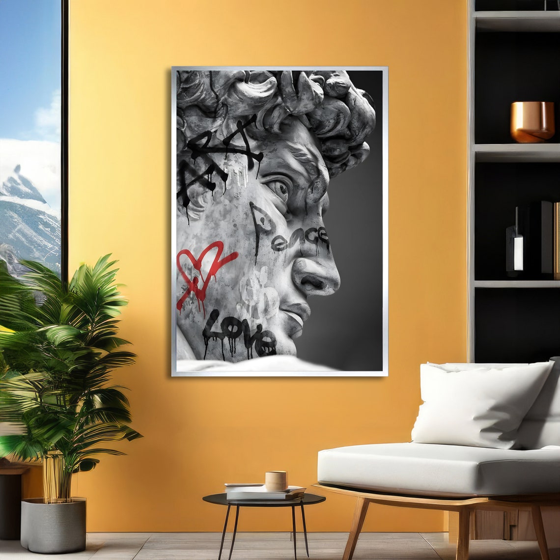 Graffiti David Statue with Peace Love Tags and Red Heart Urban Poster - Image 2