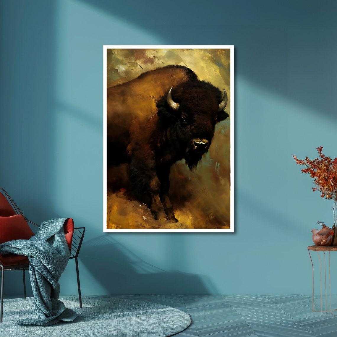 Majestic Bison Dark Portrait Golden Rustic Wildlife Painting Poster - Image 6