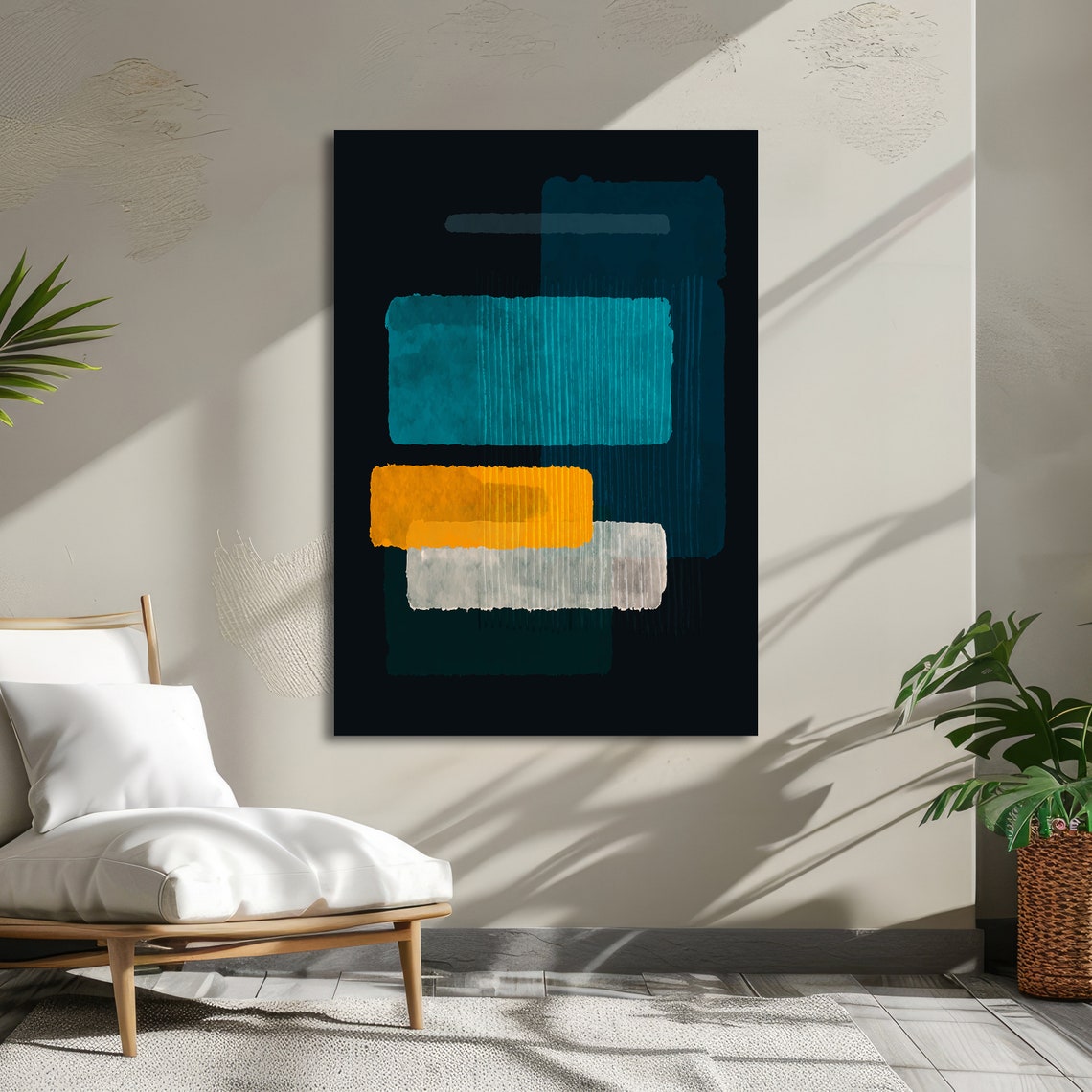 Rothko-Style Teal Orange White Blocks on Black Ground Poster