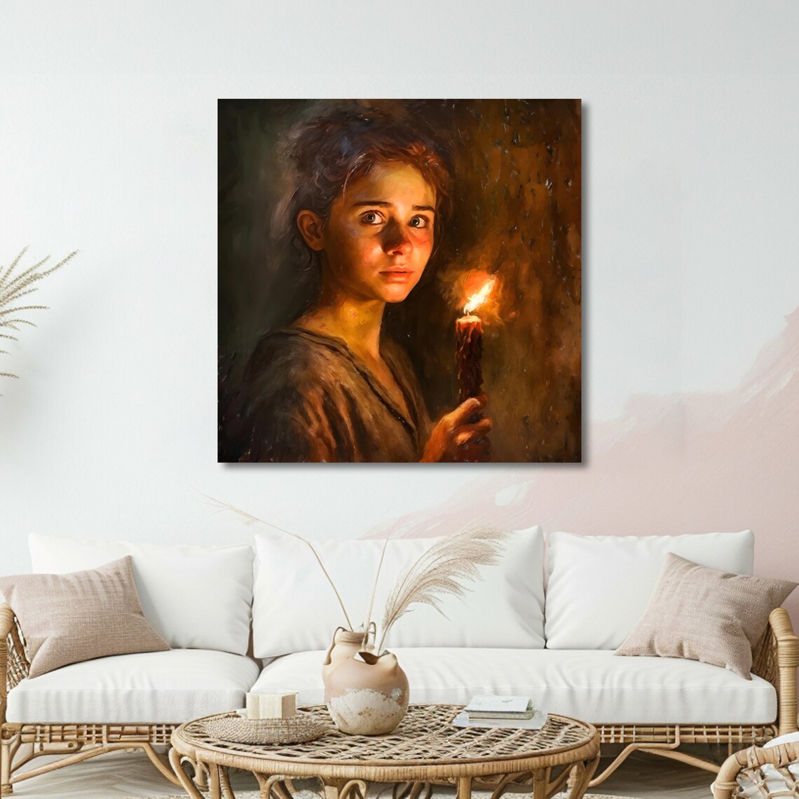 Young Woman Holding a Lit Candle Warm Chiaroscuro Portrait Art Poster - Image 5