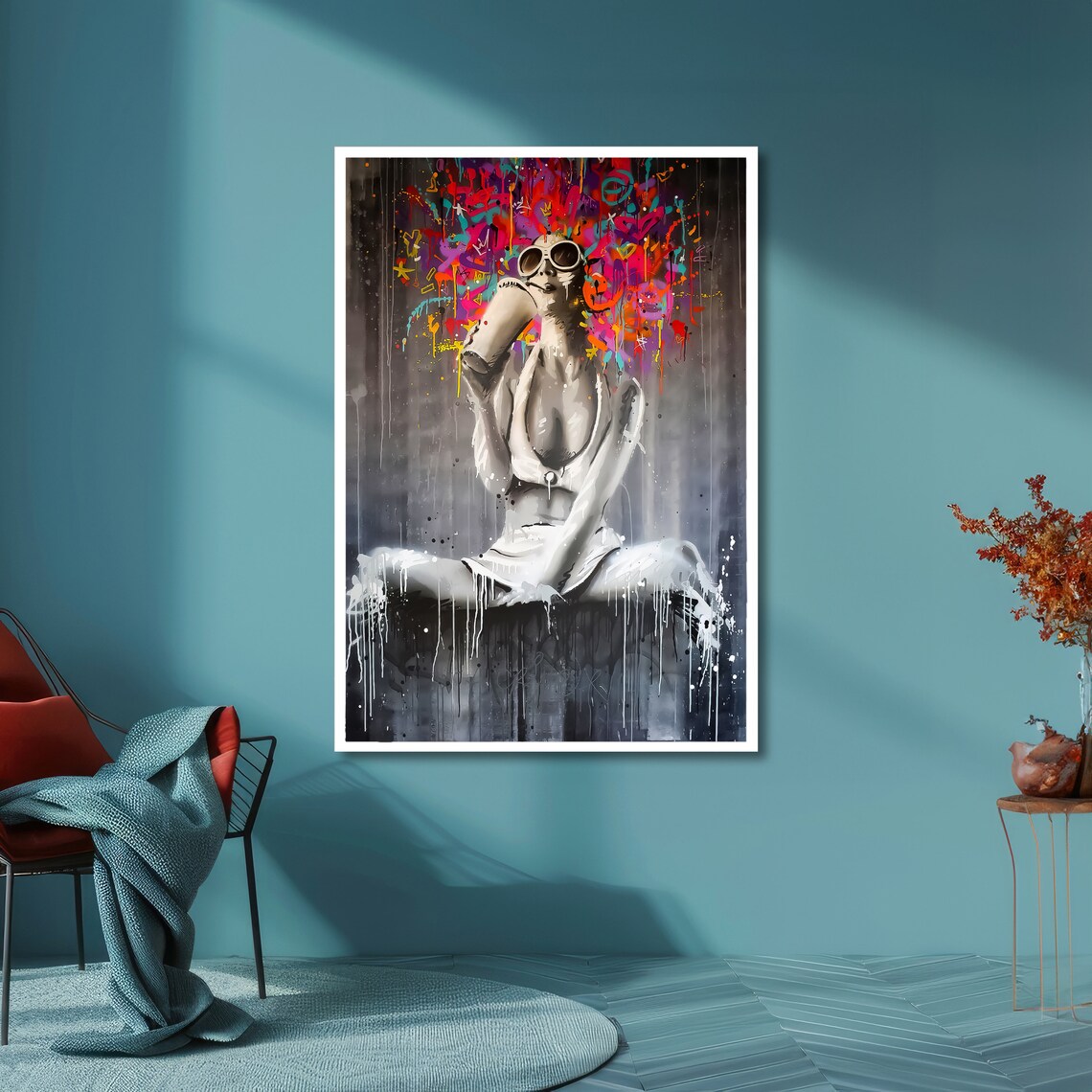 Vibrant Graffiti Woman Holding Spray Can with Colorful Halo Art Poster - Image 6