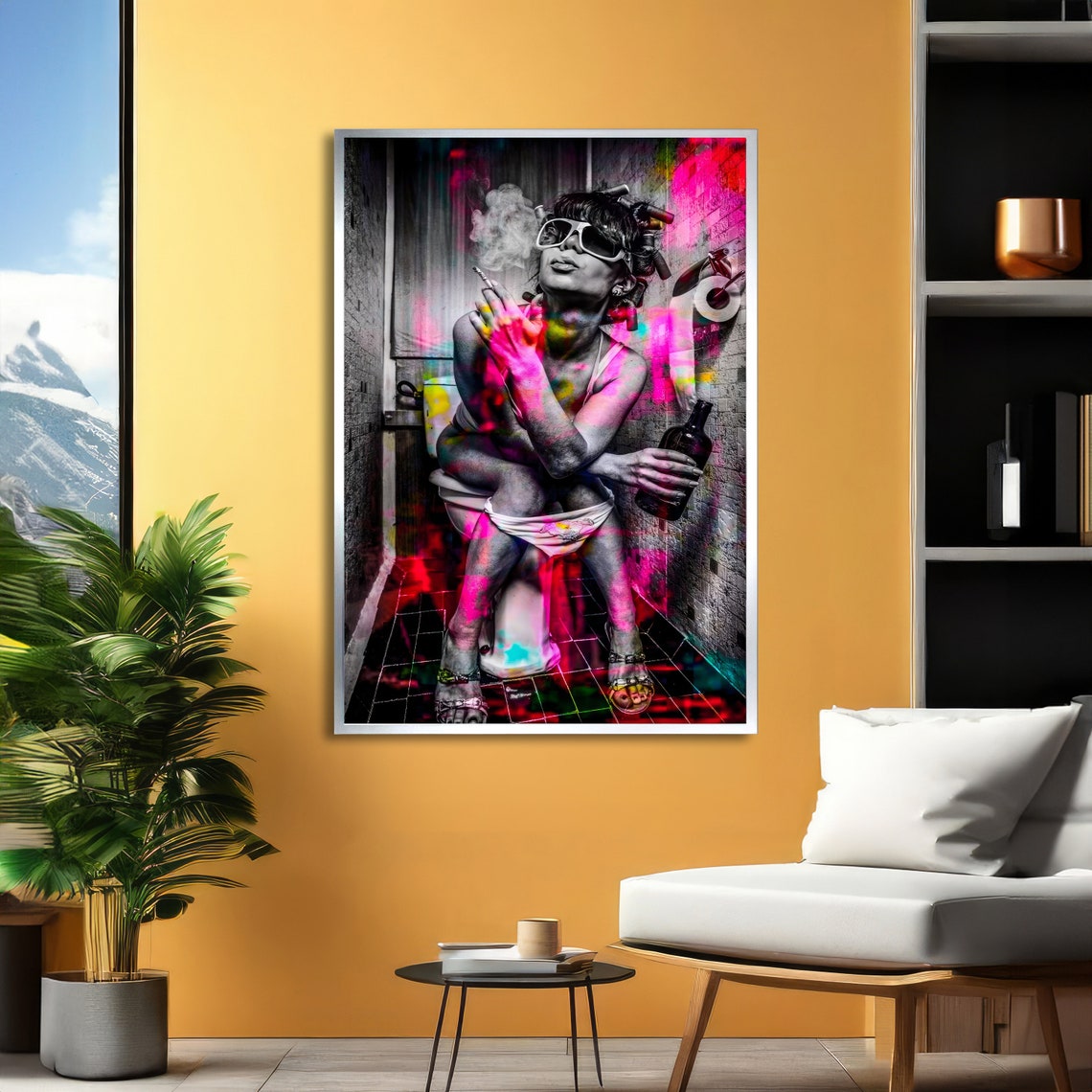 Edgy Pop Art Woman Smoking in a Neon-Splashed Bathroom Scene Poster - Image 2