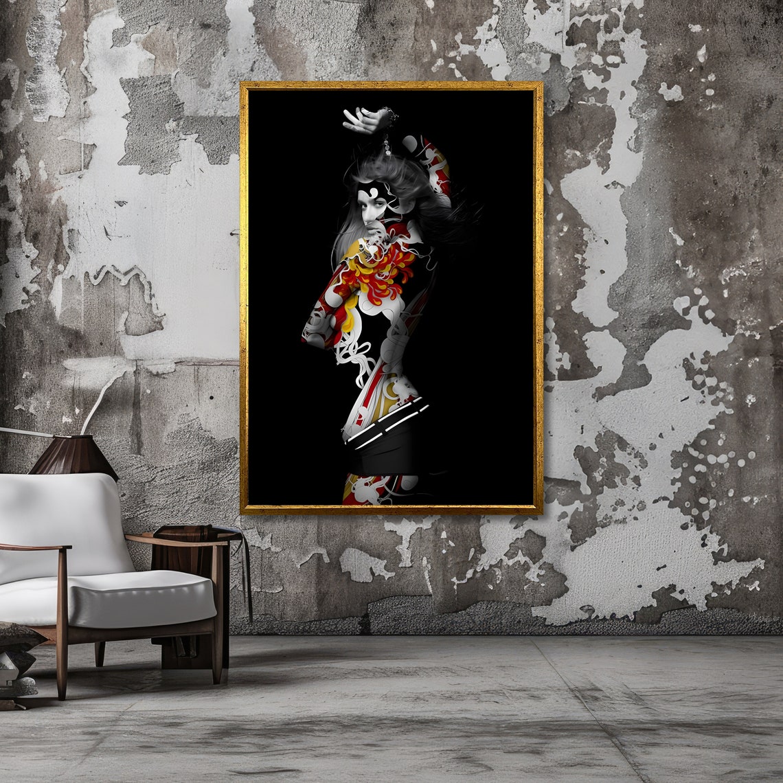 Dancing Woman Silhouette Red Gold Graffiti Black Background Poster - Image 5