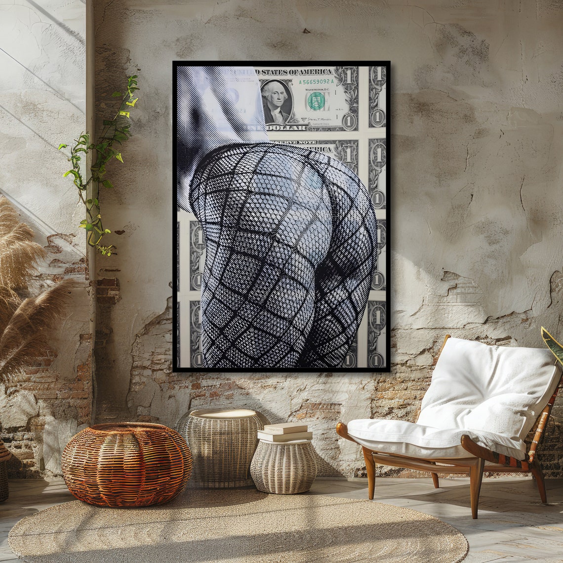 Fishnet Stockings Figure Posed over Dollar Bills Bold Pop Art Poster - Image 4