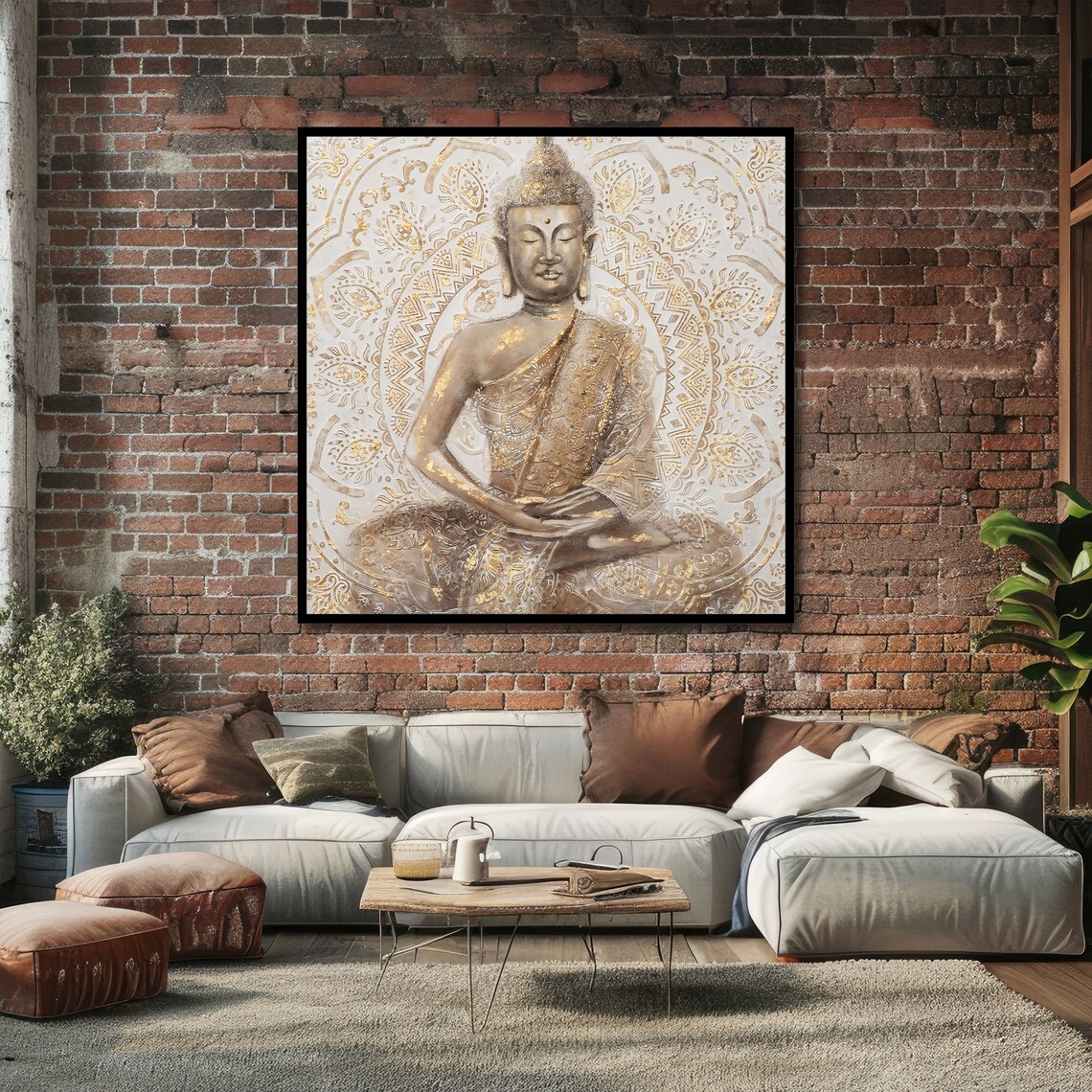Golden Buddha Meditating Before Ornate White and Gold Mandala Art Poster - Image 2