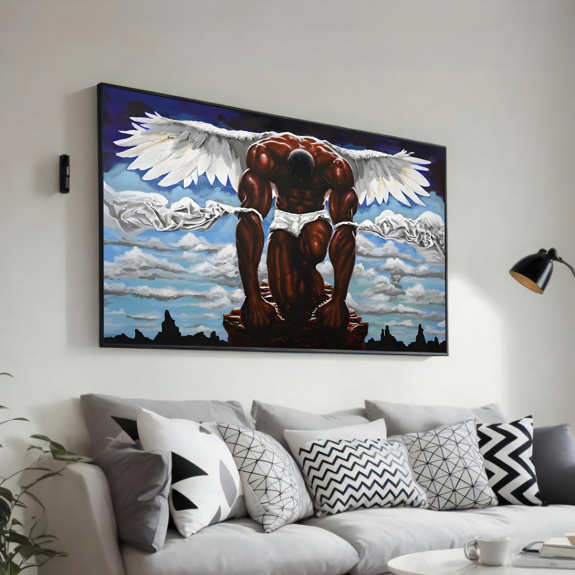 Kneeling Guardian Angel Powerful Divine Protector Over City Poster