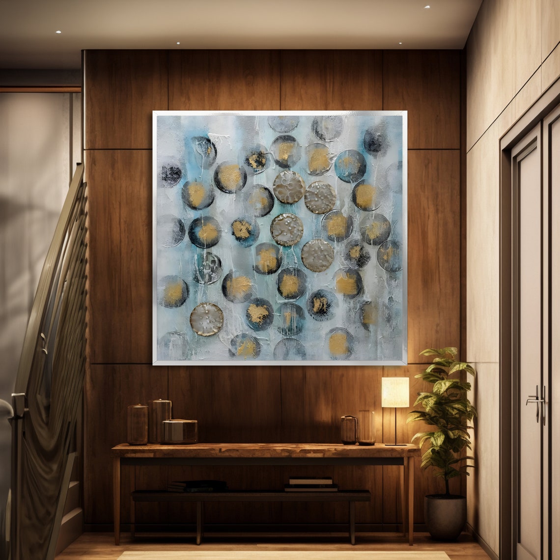 Modern Abstract Circles Contemporary Wall Art Blue And Gold Geometric Print Wall Art Design Ready To Hang Decoration - Image 4