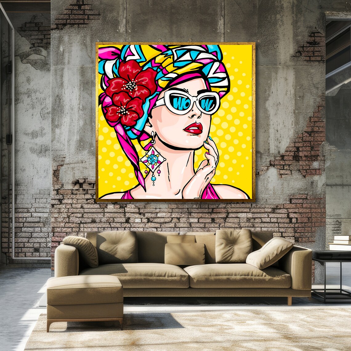 Pop Art Woman WOW Sunglasses Floral Headscarf Retro Beauty Poster - Image 3