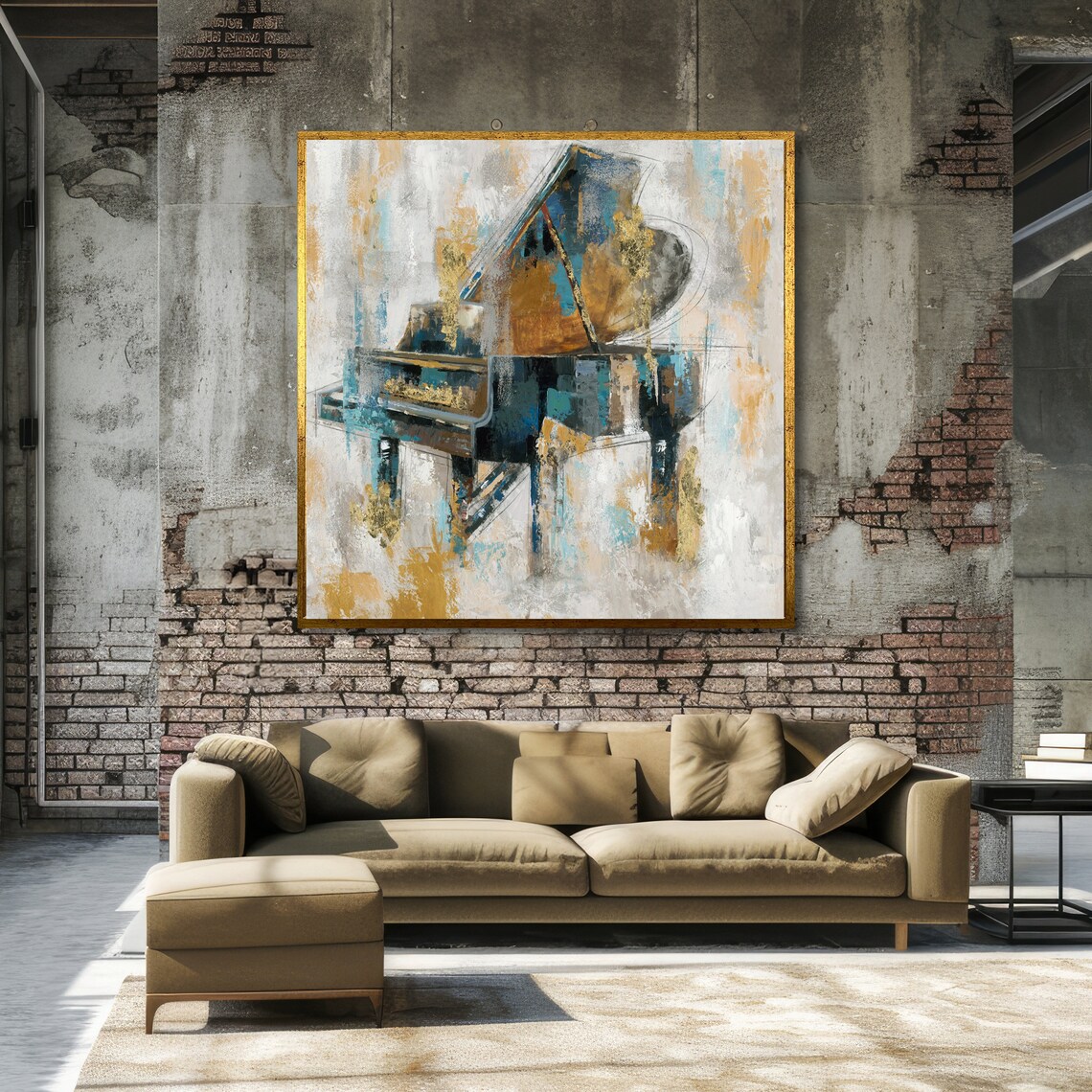 Abstract Grand Piano in Blue Ochre Gold Expressive Brushwork Art Poster - Image 6
