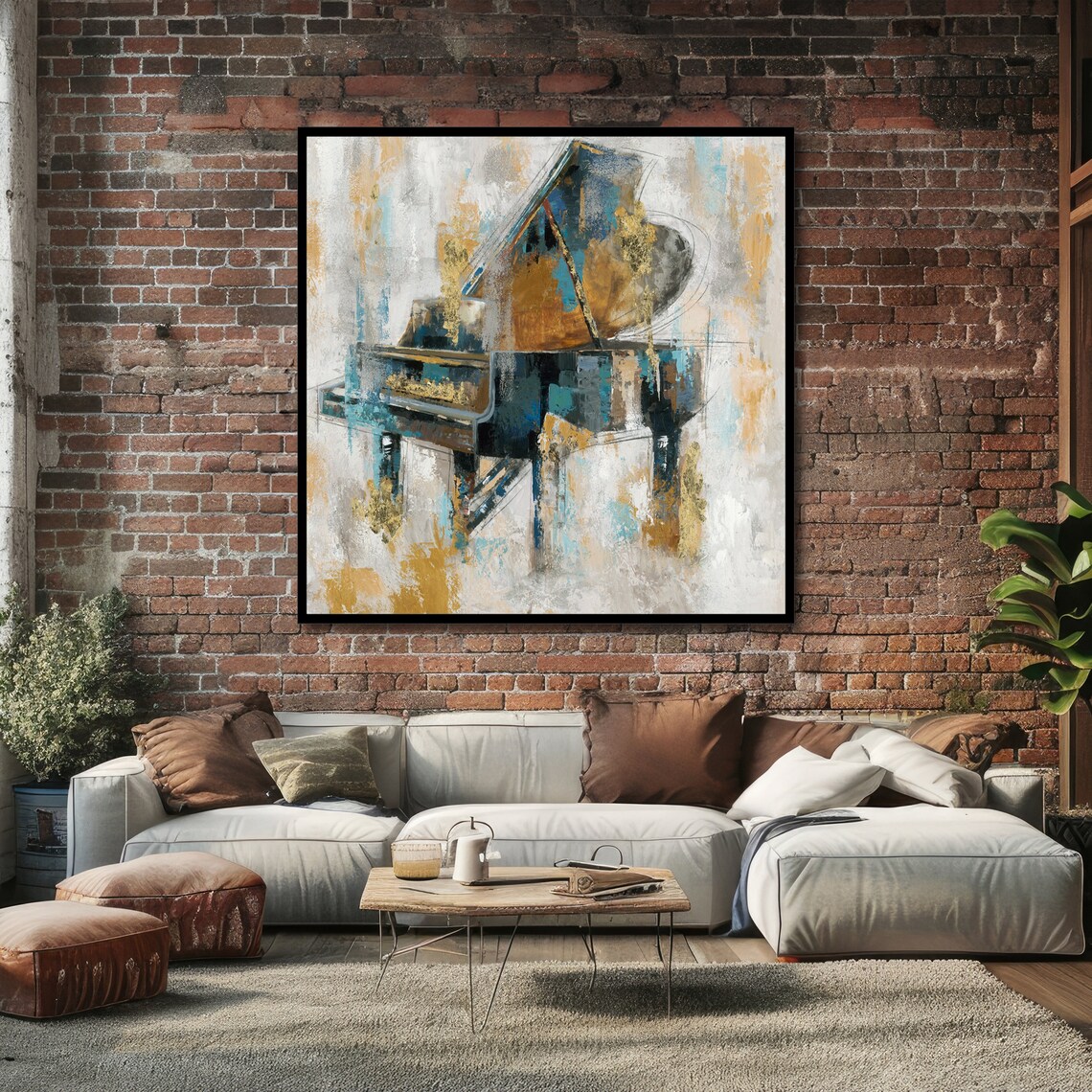 Abstract Grand Piano in Blue Ochre Gold Expressive Brushwork Art Poster - Image 3