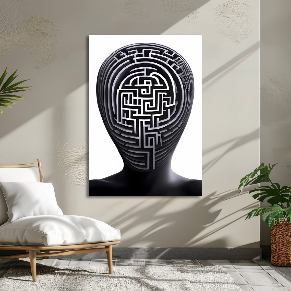 Black Human Head With Maze Labyrinth Face Surreal Optical Art Poster - Image 5
