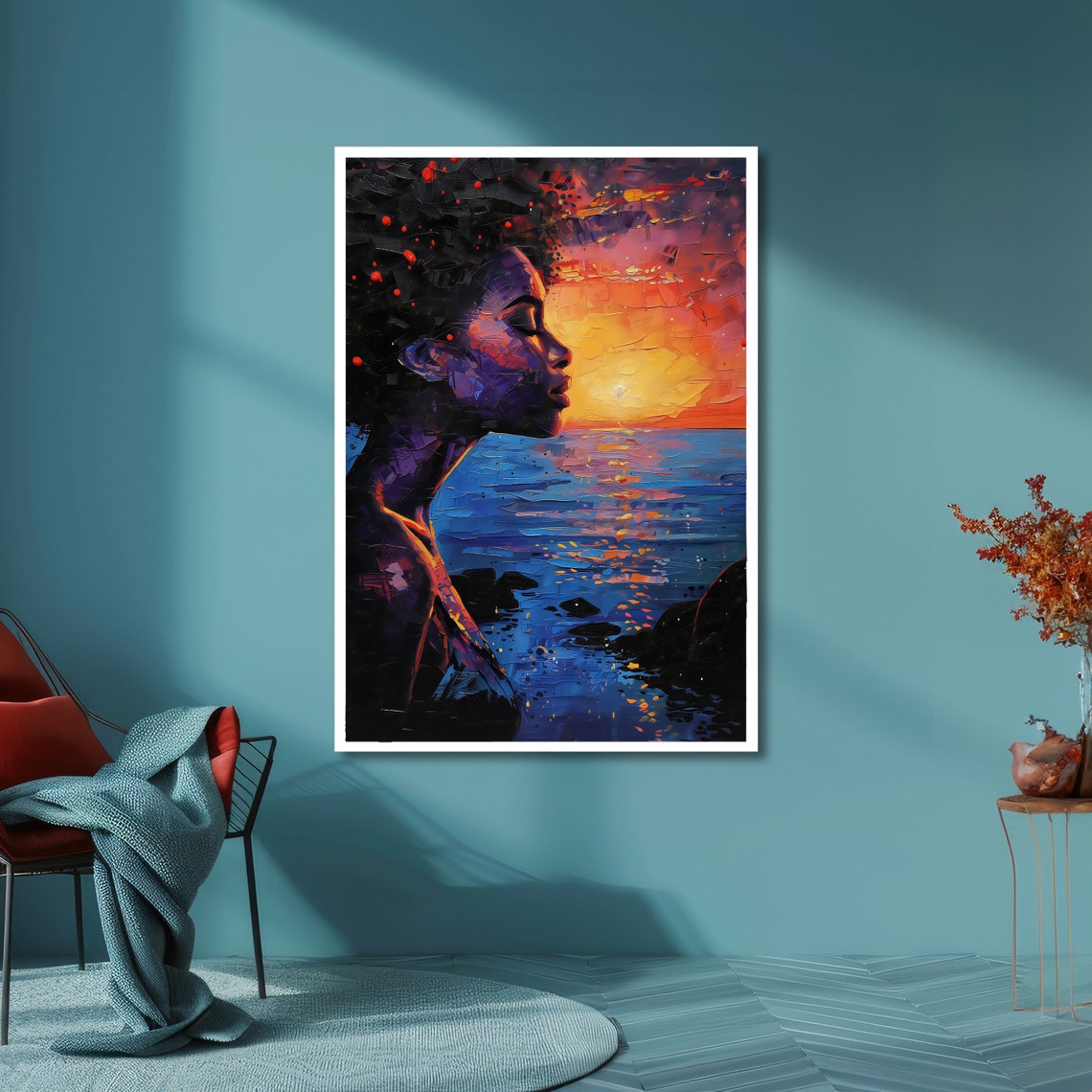 Woman Silhouette in Ocean Sunset Impasto Portrait Art Poster - Image 3
