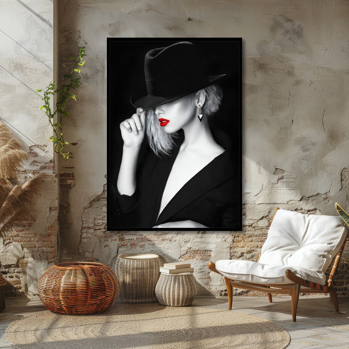 Striking Mysterious Woman In Black Hat Red Lips Noir Elegance Poster - Image 4